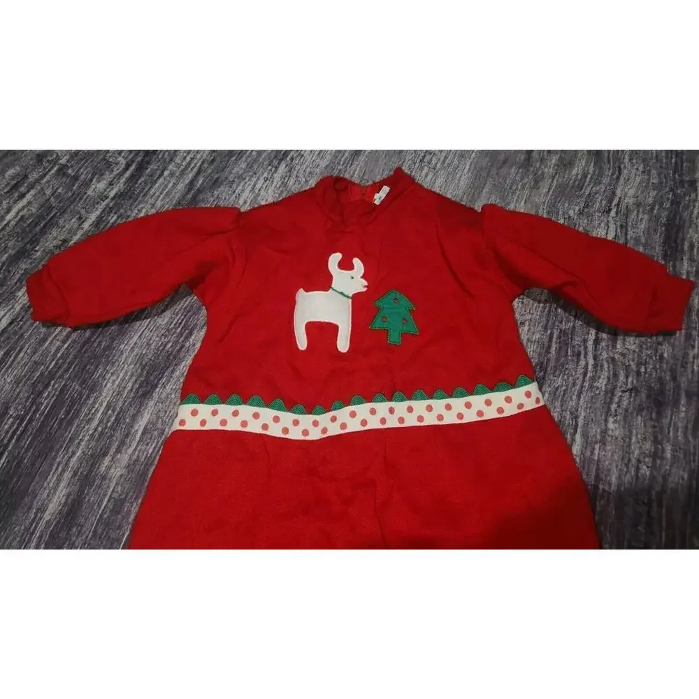 Vintage Ruth Scharf Red Baby Romper Pajamas Christmas Reindeer‎ USA 12M